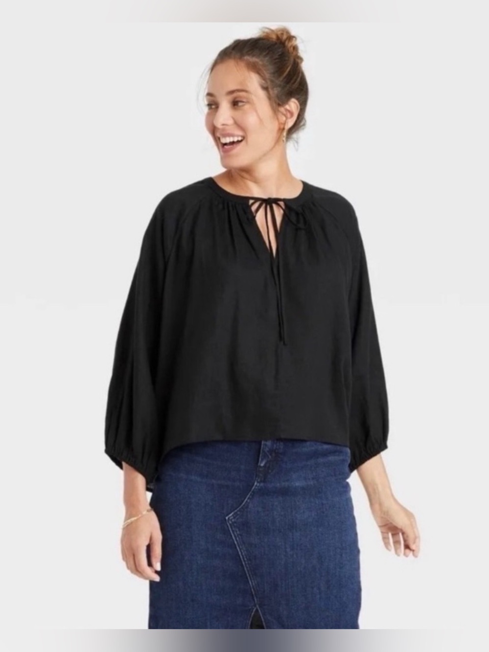 A New Day Raglan Tie-Front Top Black Size Small NEW